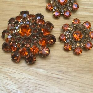 Vintage Orange Rhinestone Brooch Set